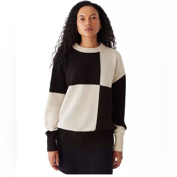 Frank & Oak Sweaters - Frank And Oak Relaxed Crewneck Knit Patchwork-Check Sweater XS black white wool